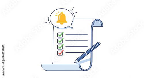 Important task notification on a document with a ringing bell symbol and a pen ready to sign or mark off completed business goals.