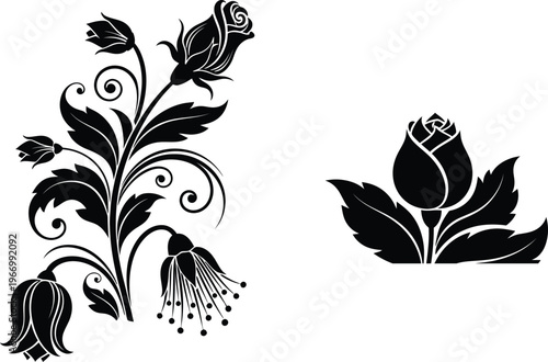 Black silhouette of a rose with swirling vines and a bell-shaped flower with dangling stamens