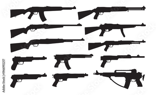 Set of twelve black realistic silhouettes of various modern firearms isolated on white background flat vector illustration.