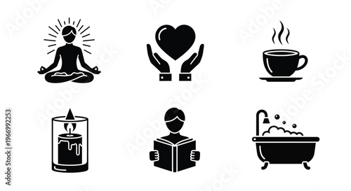 Self care icons depicting meditation love relaxation and wellness practices