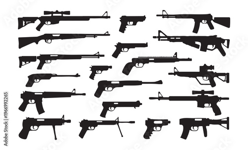 Large collection of various black vector weapon silhouettes on a white background, featuring different firearm types.