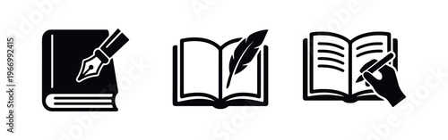 Collection of writing icons featuring books, quills, and pens