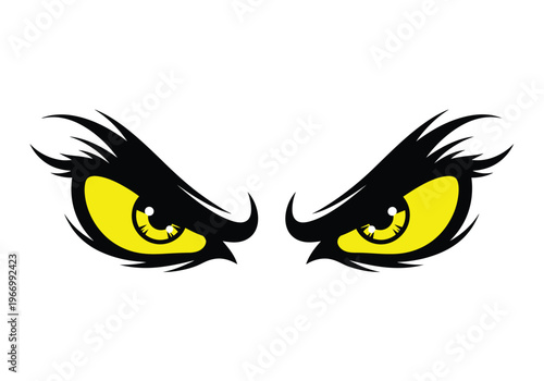 Fierce yellow eyes with black sharp eyebrows and pupils on white background