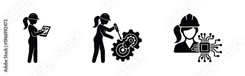 Female engineering and industrial professional worker icons set