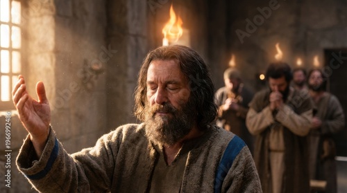 Man with a flame on head raising hand in prayer, surrounded by other men for Pentecost. Depiction of the Holy Spirit descending on the apostles.