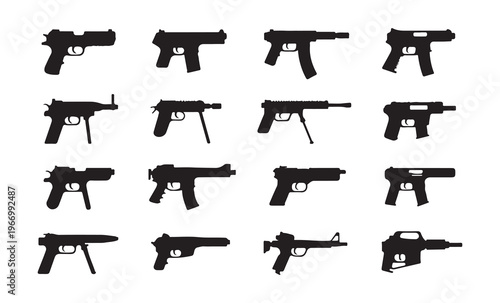 Set of sixteen black realistic silhouettes of various modern pistols isolated on white background flat vector illustration.