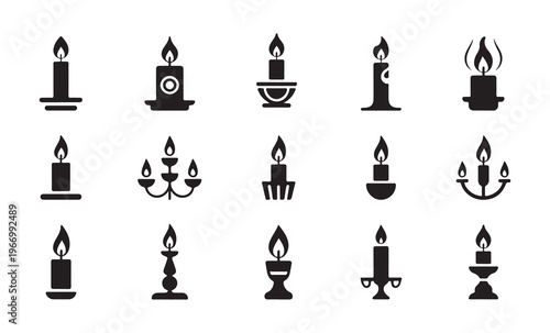 Black candle icons set featuring various shapes of holders and glowing flames for simple decorative flat design.