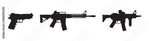 Set of three black realistic silhouettes of modern firearms including pistol and assault rifles isolated vector illustration.