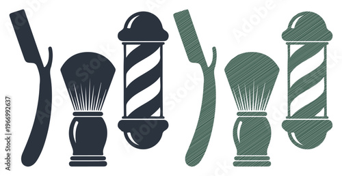 Classic barber shop tools displayed in a clean, graphic arrangement.