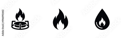 Set of black fire, gas burner, and oil icons