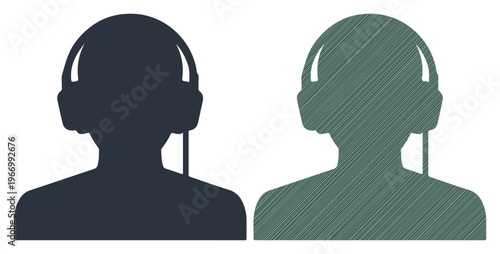 Two stylized silhouettes of people wearing headphones, one solid and one hatched, against a white background.