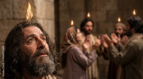 Man apostol with fiery tongue receives holy spirit at Pentecost. Religious event and biblical scene concept for Christian faith.