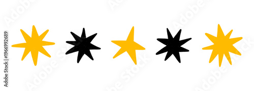 Crayon hand drawn stars, twinkle magic symbols. Shine, spark or light chalk elements. Sketch silhouettes of sparkle icons on transparent bg. Doodle yellow and black glitter sparks, vector illustration