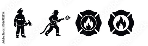 Firefighter silhouettes and fire department emblem icons set