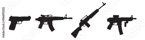 Set of four black realistic silhouettes of modern firearms including pistol and rifles isolated vector illustration.