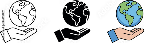 Global environmental care and earth protection icon set featuring hand holding globe symbol for sustainability and eco-friendly vector illustration
