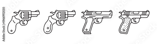 Minimalist black and white handgun icons set showing different pistol and revolver models for tactical concepts.