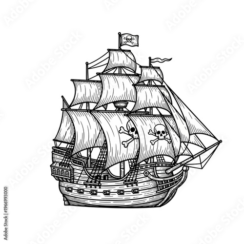 Pirate Ship Sailing Ocean Voyage.