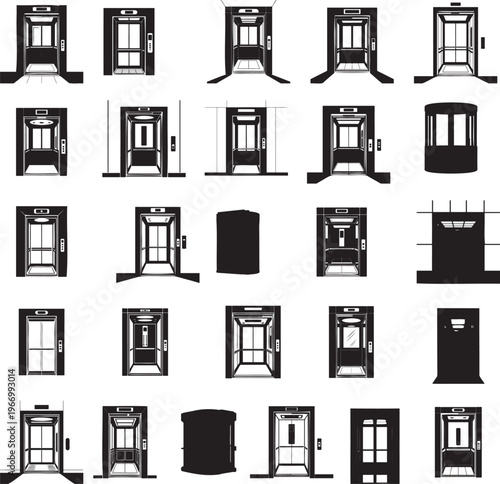 Elevator interior with sliding doors for building and office silhouette set