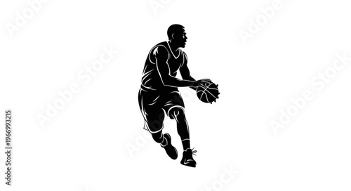 Silhouette of a basketball player dribbling the ball.