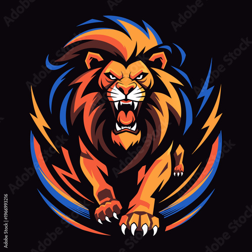 Roaring Lion with Lightning Elements Vector Illustration.