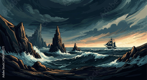 A lone sailing ship navigates a stormy sea near rocky cliffs.