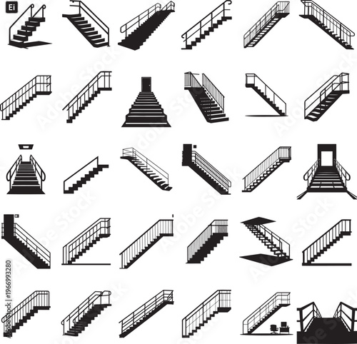 Emergency stairs for evacuation and building safety silhouette set