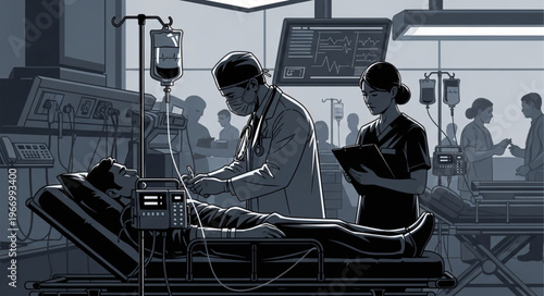 Medical professionals tending to patient in intensive care unit.