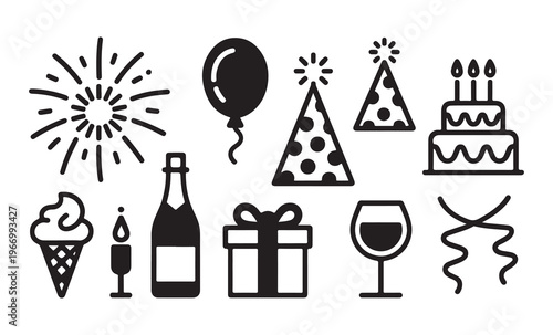 Hand drawn party and celebration icons set featuring fireworks balloon gift cake and champagne bottle symbols.