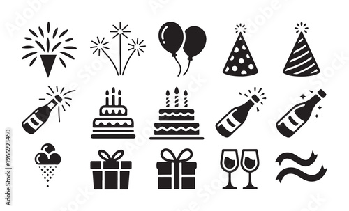 Black silhouette celebration icons collection with party hats birthday cakes gift boxes and champagne bottles.