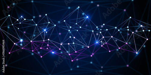 Abstract digital network background with glowing connected nodes and bright lines on a dark blue gradient illustrating data communication, technology flow, and futuristic connectivity.