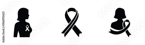 Breast cancer awareness icon set with female silhouettes and ribbons