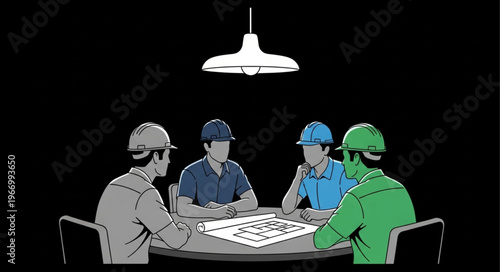 Four construction workers in hard hats gathered around a table.