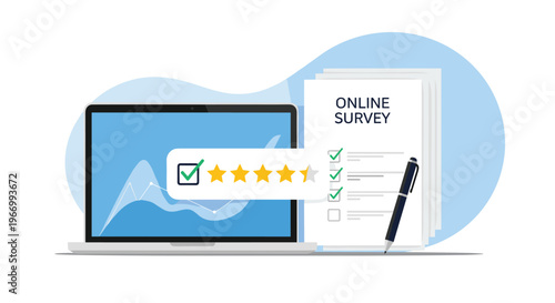Online survey and customer feedback concept with a five star rating system and a checklist document displayed on a laptop computer.