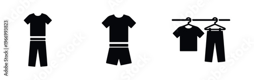 Black silhouette icons of various clothing outfits and hangers