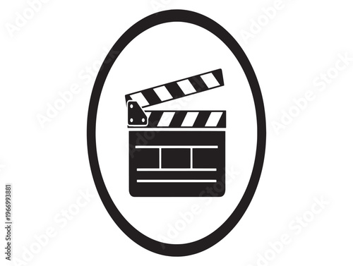 Film clapperboard icon, movie clapper, video production symbol, black and white vector graphic isolated on White Background