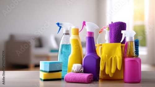 Colorful Cleaning Supplies and Tools in a Bright Domestic Space for Effective Household and Professional Cleaning Tasks
