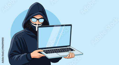 Cyber security threat illustration with a mysterious hooded hacker holding an open laptop computer for data theft and hacking activities.