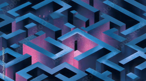 Digital maze with abstract pathways and vibrant colors creates sense of mystery and intrigue. geometric design features blue and pink hues, evoking futuristic atmosphere