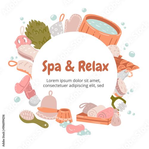 Circular frame design featuring a rich variety of bath and sauna items. A professional layout for spa labels and organic beauty brand packaging.