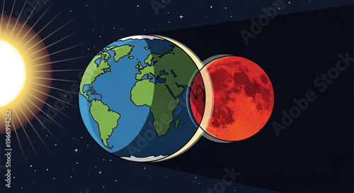 Solar Eclipse Illustration Showing Earth Moon and Sun.