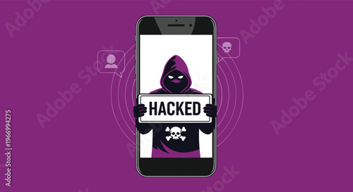 Smartphone security breach concept with a masked hacker figure appearing on the screen next to a hacked warning and skull icons.