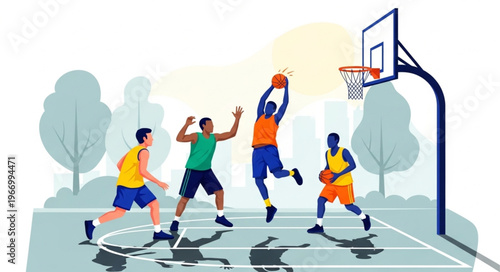 Four men playing basketball on an outdoor court during the day.