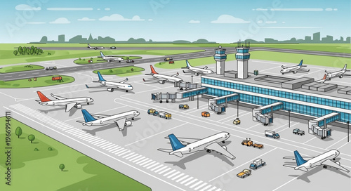Busy Airport Scene With Many Airplanes and Jet Bridges.