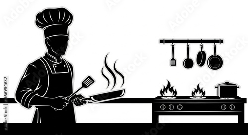 Chef cooking food in a professional kitchen with utensils.