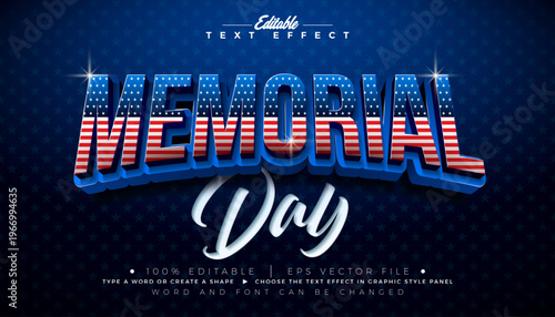 Memorial Day Text Effect Design Editable Vector Graphic Style with United States of America Flag Pattern Typography on Star Texture Background. Independence Day Customizable Illustration Template