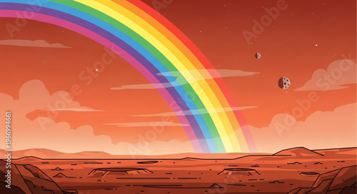Vibrant rainbow arching over a desolate alien landscape.
