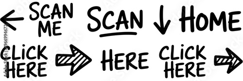 Handwritten call to action phrases with arrows for website buttons and advertisements online