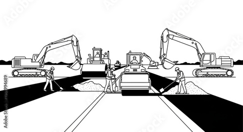 Construction site with heavy machinery and workers.