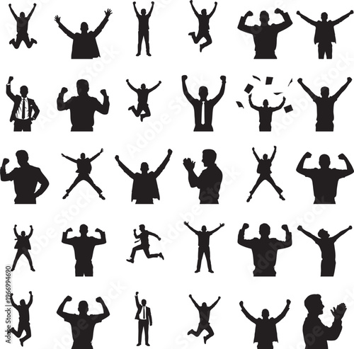 Employee raising arms with joy celebrating success silhouette set